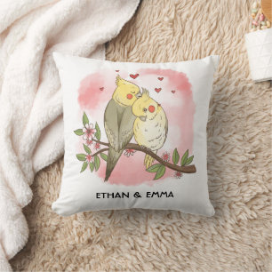 Coussin Couple d'oiseaux mignons personnalisé pour la Sain
