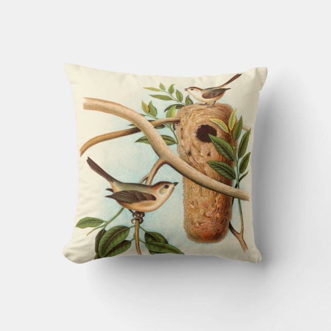 Coussin Couple d'oiseaux sur un nid perché sur une branche (Recto)
