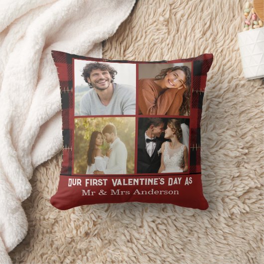 Coussin Couple Premier Saint-Valentin 4 Collage Photo Carr (Couverture)