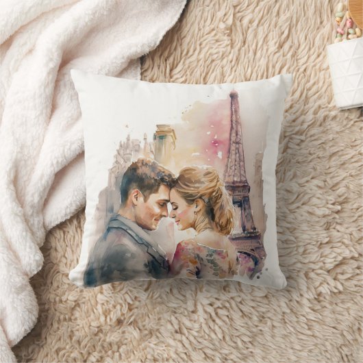 Coussin Couples aquarelles romantiques à Paris (Couverture)
