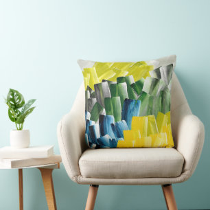 Coussin Coups de pinceau abstraits vibrants jaune, vert et