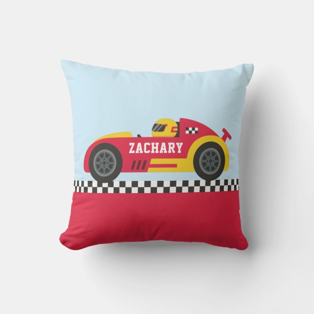 Coussin Coureur dans les voitures de course jaune et rouge (Recto)