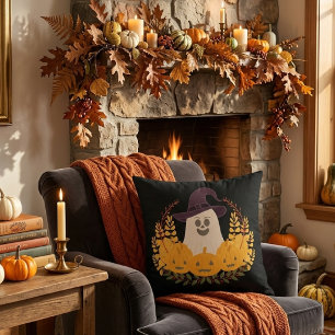 Coussin Couronne d'automne de fantôme mignon et de citroui