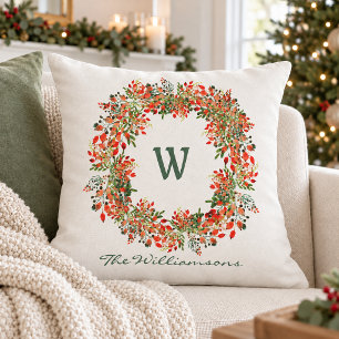Coussin Couronne de baie de Noël à aquarelle Monogramme de