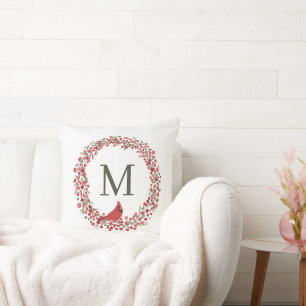 Coussin Couronne de baies rouges et monogramme de cardinal