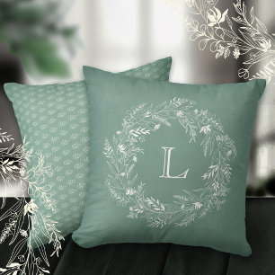 Coussin Couronne de feuillage blanc raffiné lettre L
