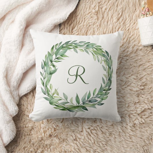 Coussin Couronne de feuilles de eucalyptus vert Monogramme (Couverture)