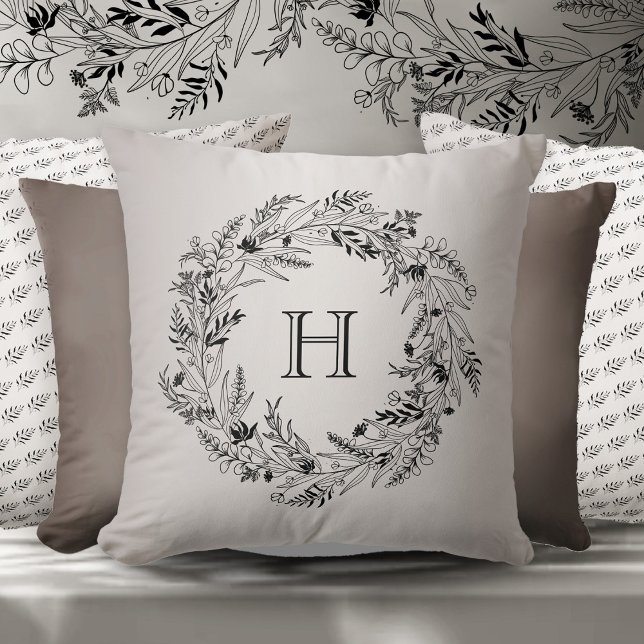 Coussin Couronne de feuilles moderne entourant la lettre H (Créateur téléchargé)