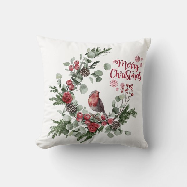 Coussin Couronne de fleurs aquarelle avec un cardinal roug (Recto)