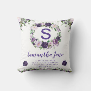 Coussin Couronne de fleurs aquarelle violet et crème pour