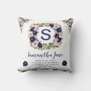 Coussin Couronne de fleurs bleu aquarelle et crème pour bé