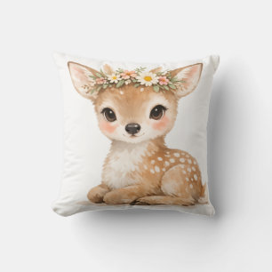 Coussin Couronne de fleurs de bébé cerf mignon aquarelle e