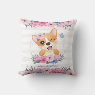 Coussin Couronne de fleurs de chien Corgi mignon Papillon