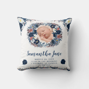 Coussin Couronne de fleurs d'hiver bleu aquarelle pour pho