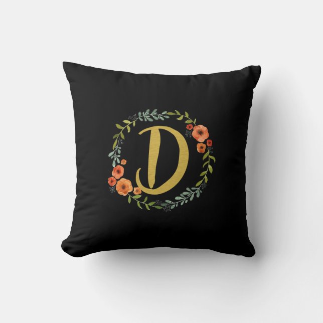 Coussin Couronne de fleurs Monogramme Or Lettre initiale D (Recto)