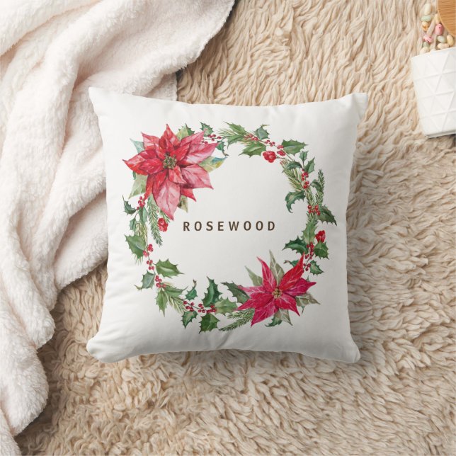 Coussin Couronne de Noël au poinsettia aquarelle Monogram (Couverture)
