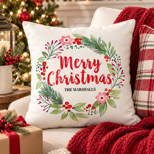 Coussin Couronne de Noël aux baies rouges florales joyeux