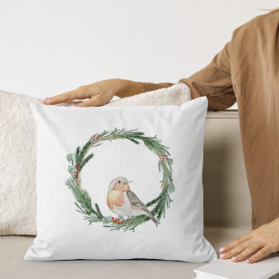 Coussin Couronne de Noël avec un oiseau