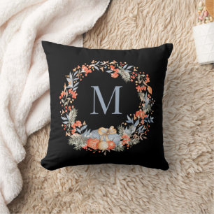 Coussin Couronne de Noël élégante monogramme bleu poussiér