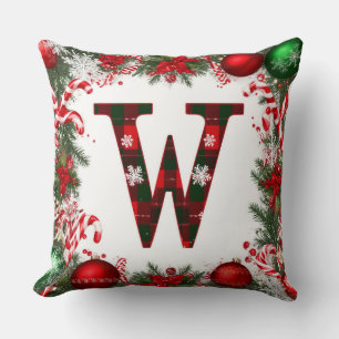 Coussin 🎄 Couronne de Noël en tartan avec lettre W et bon