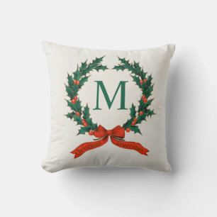 Coussin Couronne de Noël et initiale Vintage