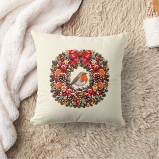 Coussin Couronne de Noël festive avec rouge-gorge et grelo