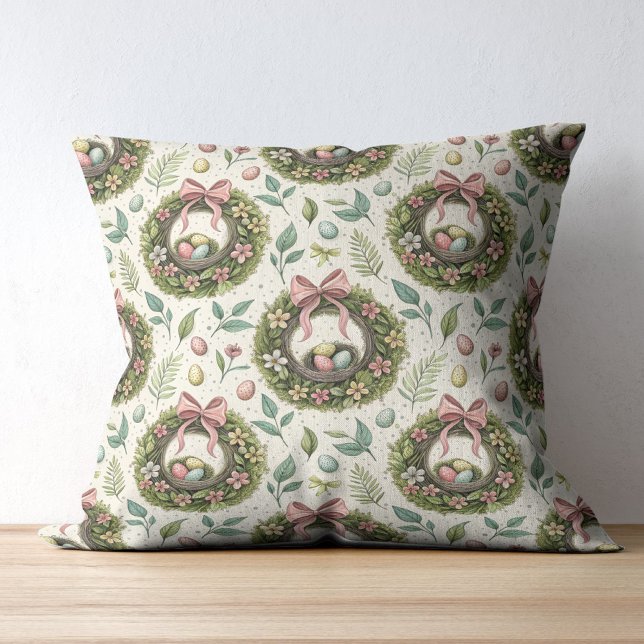 Coussin Couronne de Pâques en buis avec ruban rose et œuf (Créateur téléchargé)