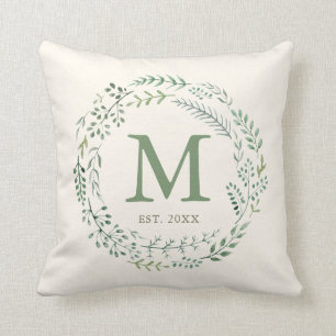 Coussin Couronne de verdure botanique Monogramme Établie