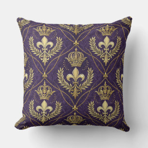 Coussin Couronne d'or Fleur-de-lis Royale Motif Violet Art