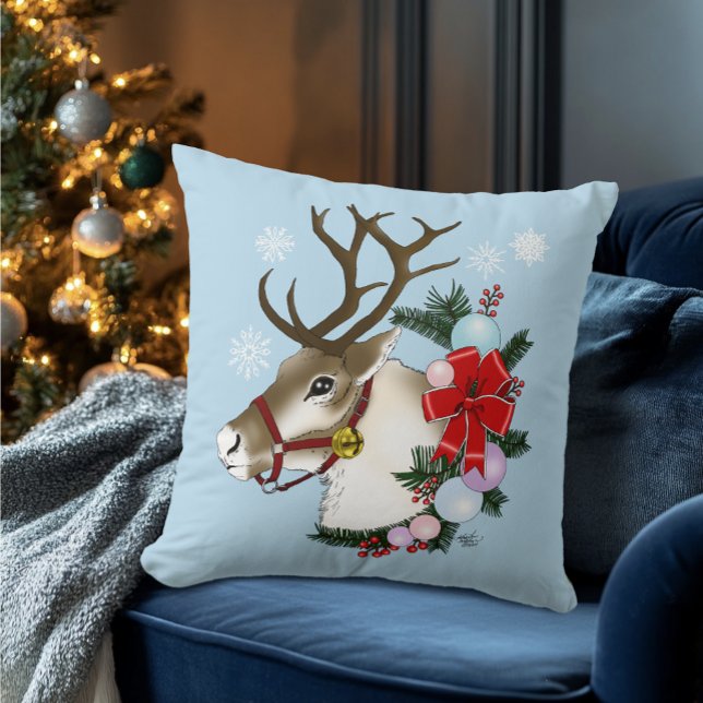 Coussin Couronne festive de Noël de rennes bleus  (Créateur téléchargé)