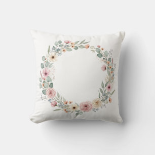 Coussin Couronne florale aquarelle rose poussiéreux et euc