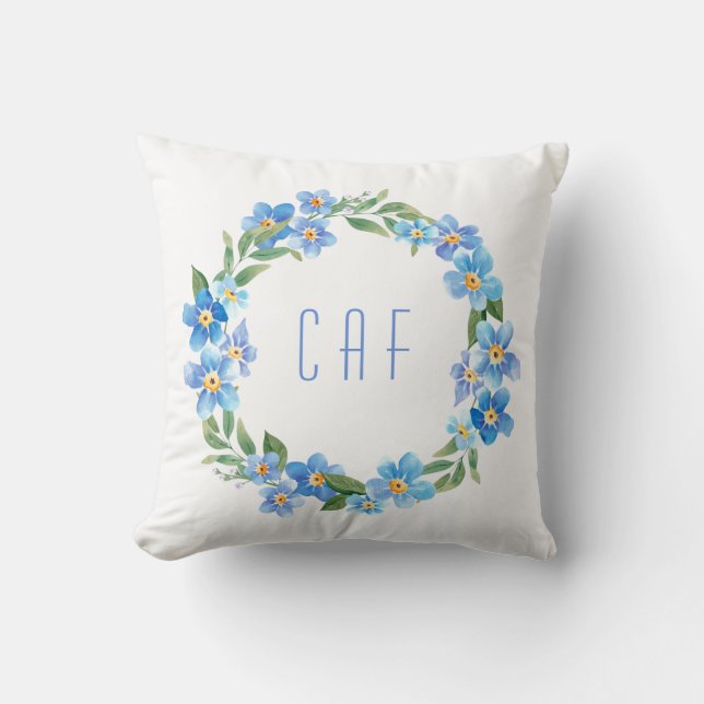 Coussin Couronne florale bleue jaune monogrammée (Recto)
