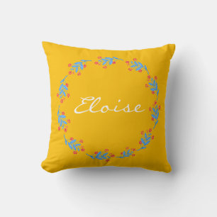 Coussin Couronne florale de baie bleue jaune personnalisée