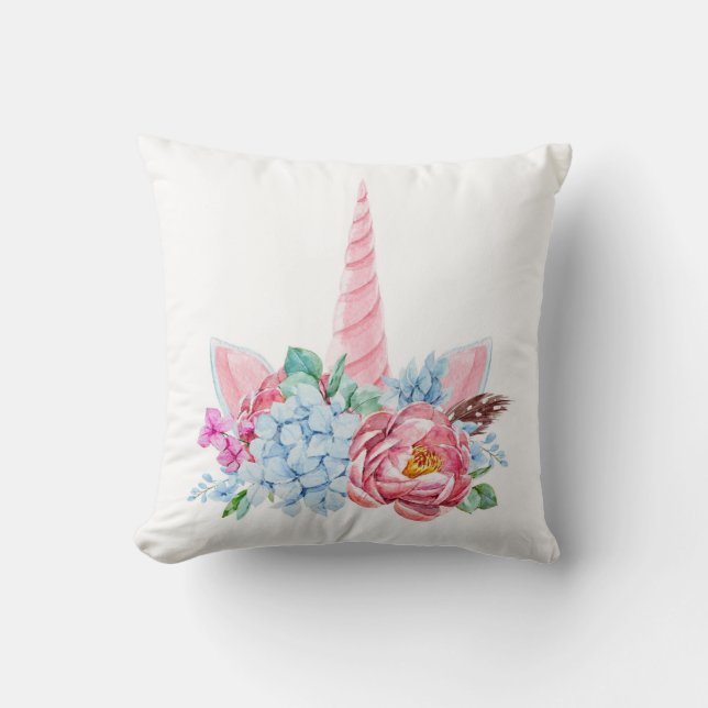 Coussin Couronne florale de licorne d'aquarelle (Recto)