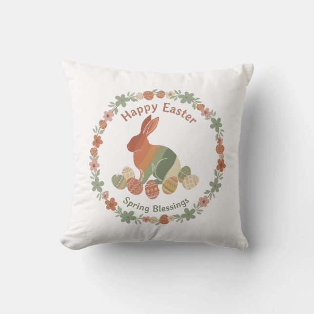 Coussin Couronne florale de Pâques Boho Chic Lapin et Œufs (Recto)