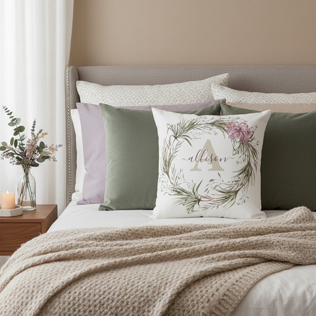 Coussin Couronne florale rose et verte personnalisée (Créateur téléchargé)
