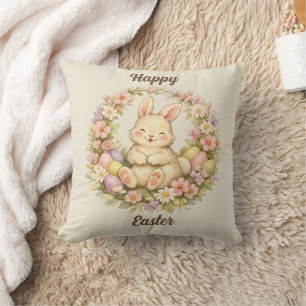 Coussin Couronne florale vintage de lapin de Pâques joyeus