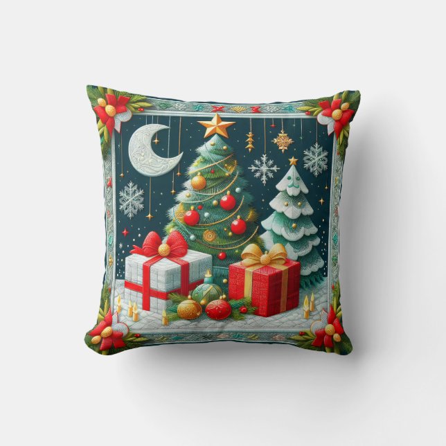 Coussin Courte scène de Noël à l'aspect de patchwork avec  (Recto)
