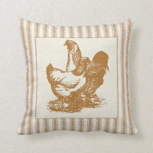 Coussin Coutil Brown avec le coq et le poulet