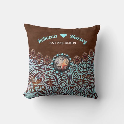 Coussin cowboy brun turquoise pays mariage de l'ouest (Recto)