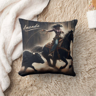 Coussin Cowgirl Roping a Steer lors d'un Rodeo Event