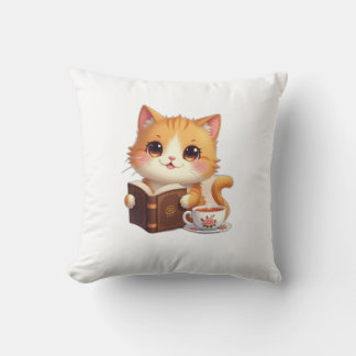 Coussin Cozy Bookish Cat Throw Pillow – Cute Tea & Reading