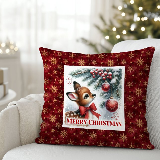 Coussin Cozy festive winter scene baby fawn snowy Christma (Cozy festive winter scene baby fawn snowy Christmas pillow)