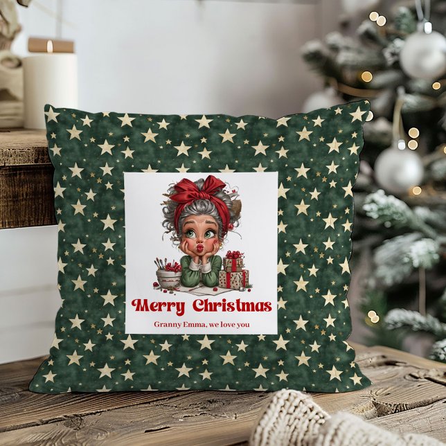Coussin Cozy Holiday Grandma Pillow Funny Cartoon Style (Whimsical Christmas Grandma Art Festive Pillow)