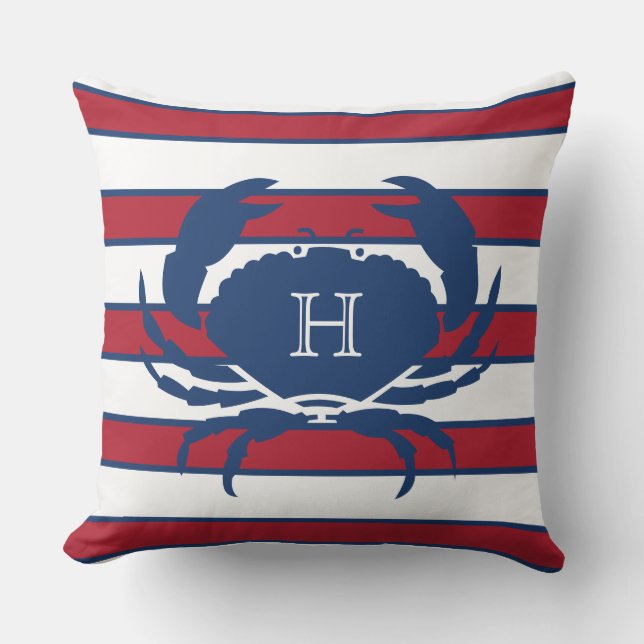 Coussin Crabe Bleu Marine Rouge Blanc Nautique (Recto)