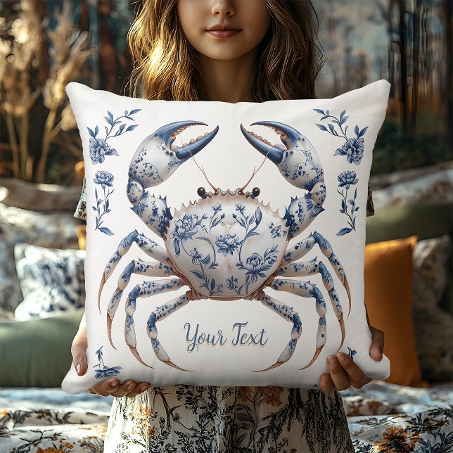 Coussin Crabe Floral Bleu de Delft Maison de Plage Rustiqu (Créateur téléchargé)