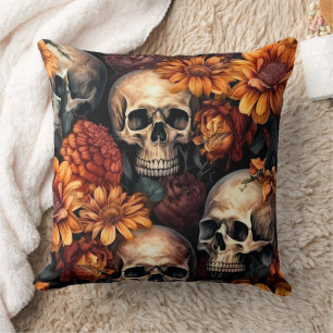 Coussin Crâne 3D multi avec fleurs d'automne