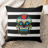 Coussin Crâne à sucre mexicain avec rayures noires Blan po (Couverture)