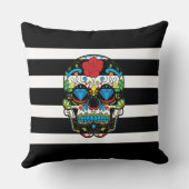 Coussin Crâne à sucre mexicain avec rayures noires Blan po (Verso)