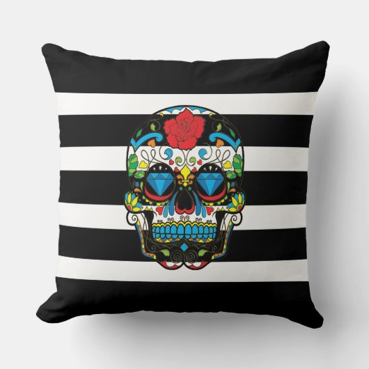 Coussin Crâne à sucre mexicain avec rayures noires Blan po (Recto)